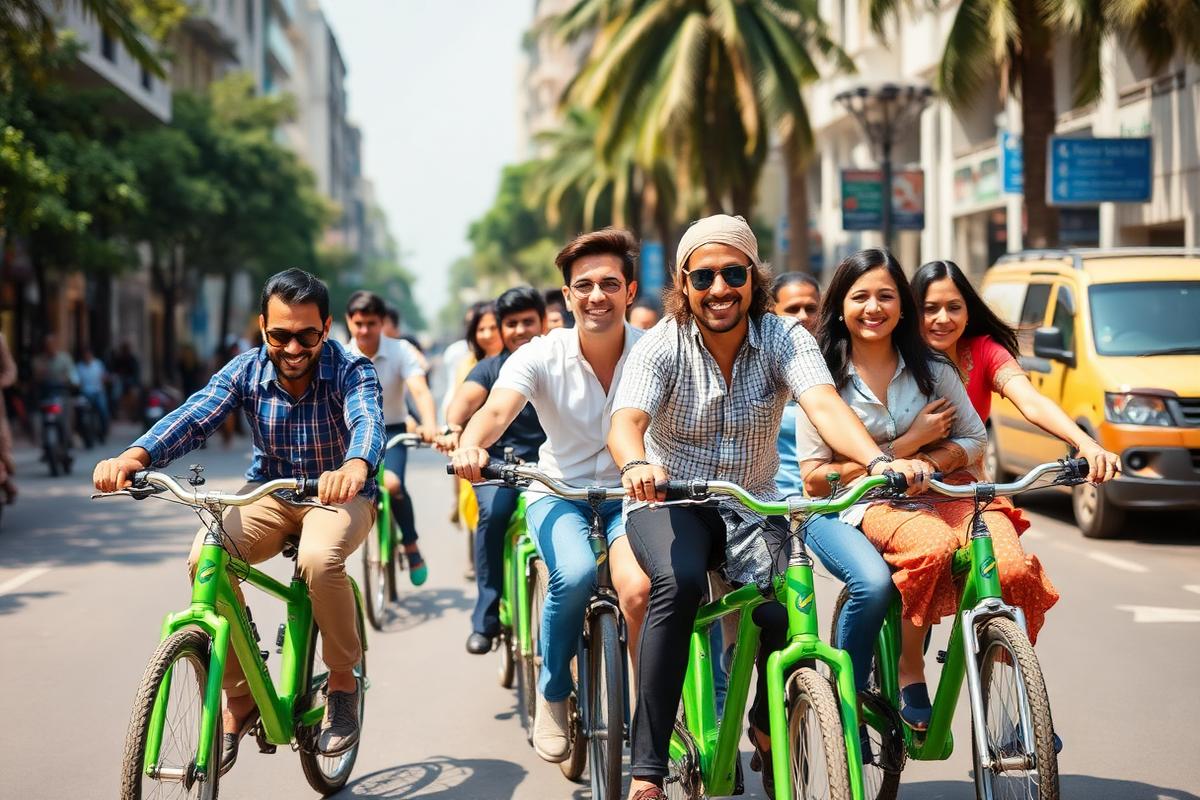 Group riding Mybicycles electric bikes in the city